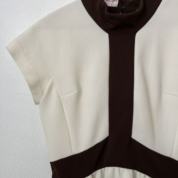Vintage 60s Sears Fashion Board cream brown mod ribbed dress groovy XS/S - Picture 2 of 5